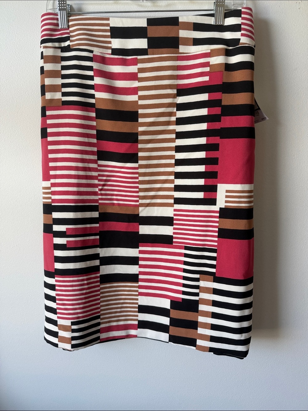 Geometric Stripe Pencil Skirt in Pink, Black & Brown